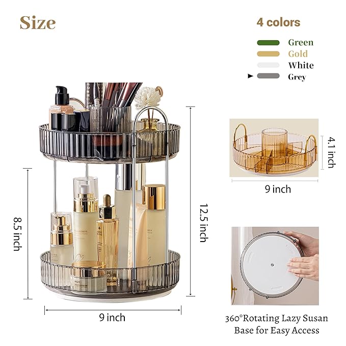 Aveniee 360° Rotating Makeup Organizer for Vanity, Upagraded Perfume Skincare Bathroom Counter Organizers with Brush Divider, Two Tier Spinning Lipstick Cosmetic Lotion Storage,Grey