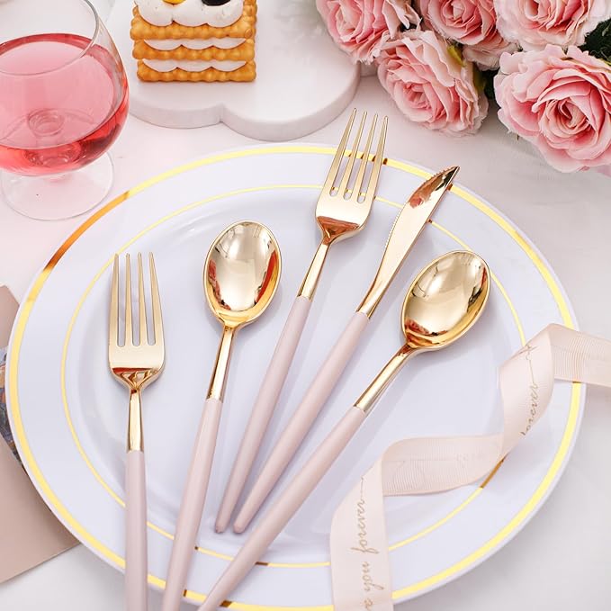 I00000 60 Pack Pink Plastic Silverware,Gold Disposable Flatware with Pink Handle, Gold Plastic Cutlery Set Includes: 20 Forks, 20 Knives and 20 Spoons, Tableware Set for Party and Wedding