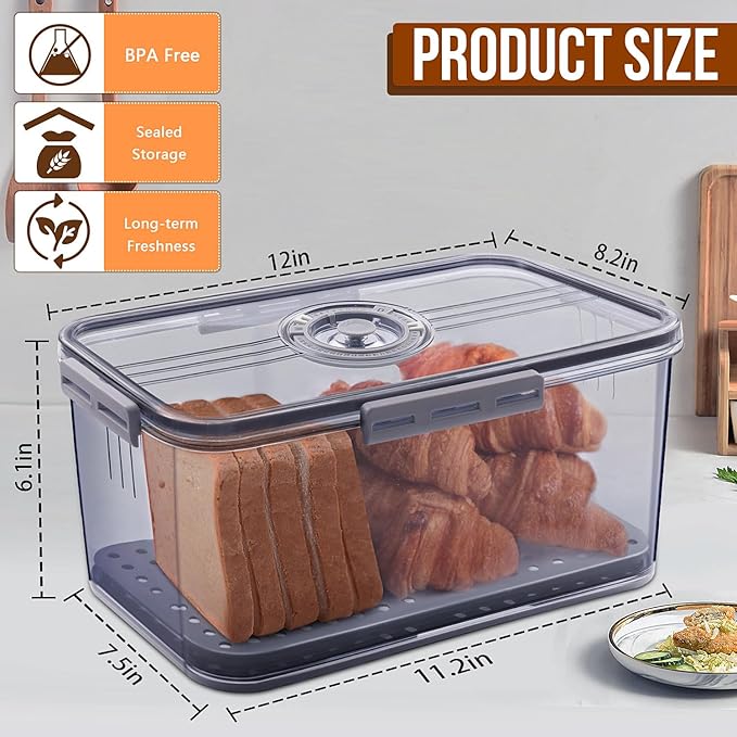 Gifhomfix Bread Box Bread Boxes for Kitchen Counter Airtight, Time Recording Bread Storage Container with Lid, Bread Keeper for Homemade Bread, Toast, Bagel, Donut and Cookies, LARGE Grey