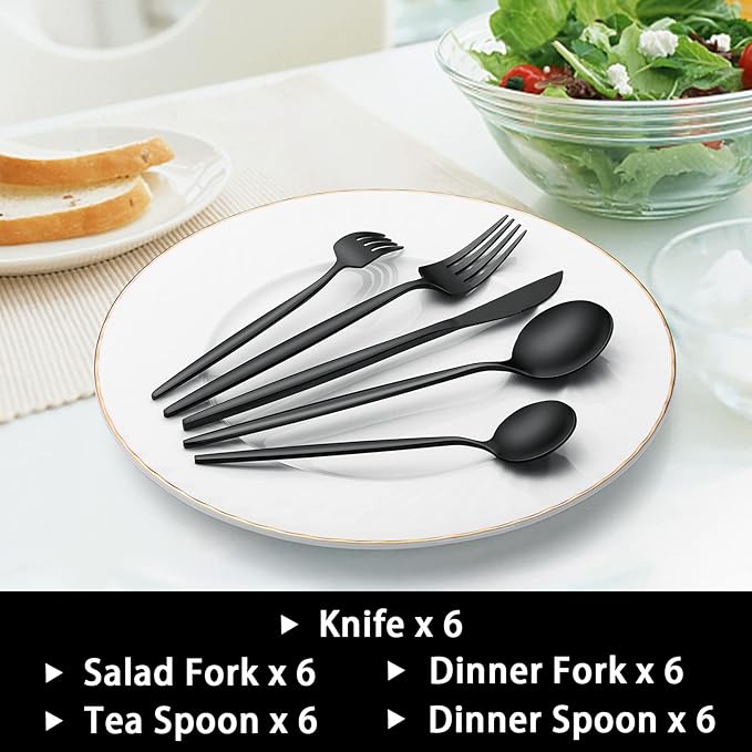 30-Piece Black Silverware Set, Flatware Set for 6, Food-Grade Stainless Steel Tableware Cutlery Set, Utensil Sets Kitchen Cutlery for Home Office Restaurant Hotel