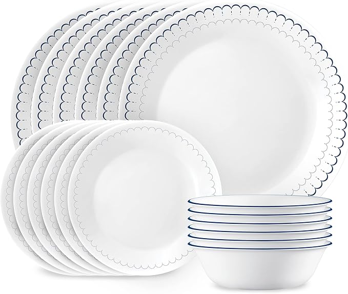 Corelle 18-Piece Dinnerware Set Service for 6, Lightweight Round Plates and Bowls Set, Vitrelle Triple Layer Glass, Chip Resistant, Microwave and Dishwasher Safe, Caspian