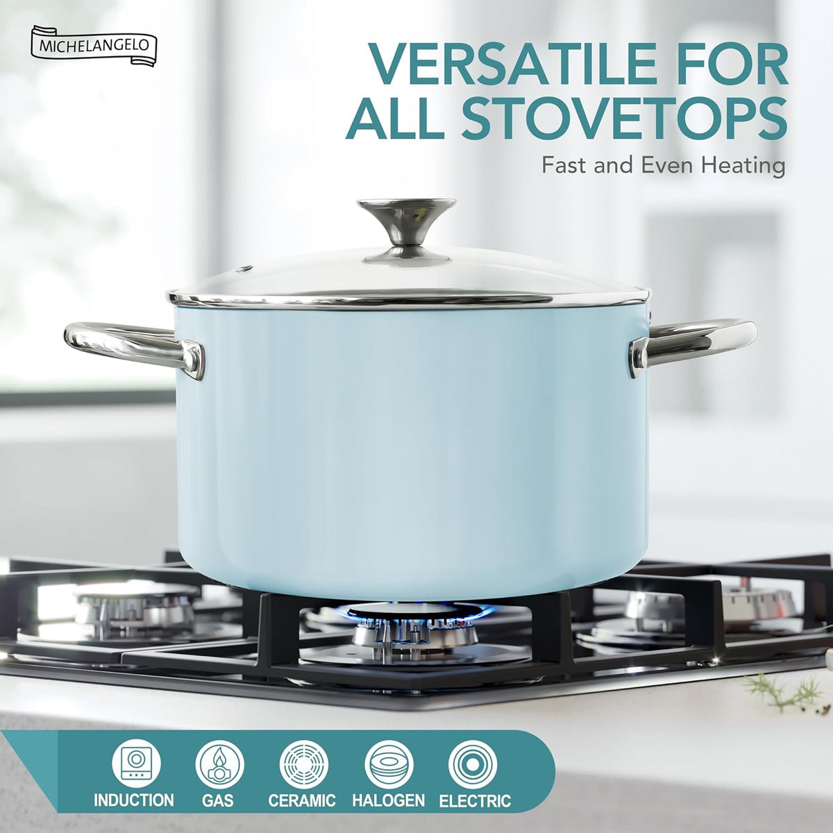 MICHELANGELO Stock Pot with Lid, 6 Quart Cooking Pot with Ceramic Coating, Nonstick Ceramic Soup Pot with Lid, Induction Compatible - 6QT Stockpot, Blue