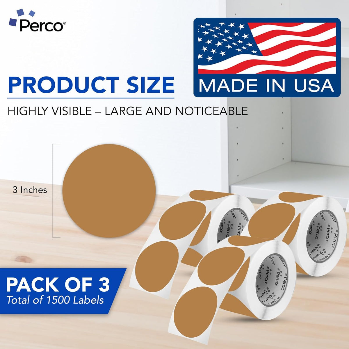 Perco Kraft Brown 3-Inch Round Circle Dot Sticker Labels - Multi-Roll Pack (3 Rolls, 500 Labels Each) - Permanent Adhesive, Natural, Cardboard-Like Surface - Perforated for Easy Use - Made in USA