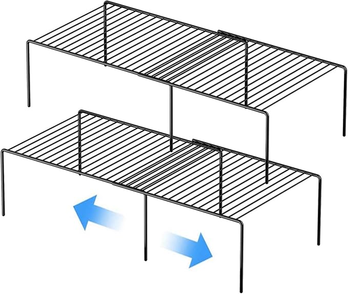 Kitchen Cabinet Expandable Shelf Organizers Set of 2, Adjustable Metal Wire Pantry Storage Shelves, Plate Dish Organizer Rack for Cabinets, Cupboard, Counter, Freezer, Countertop, Black