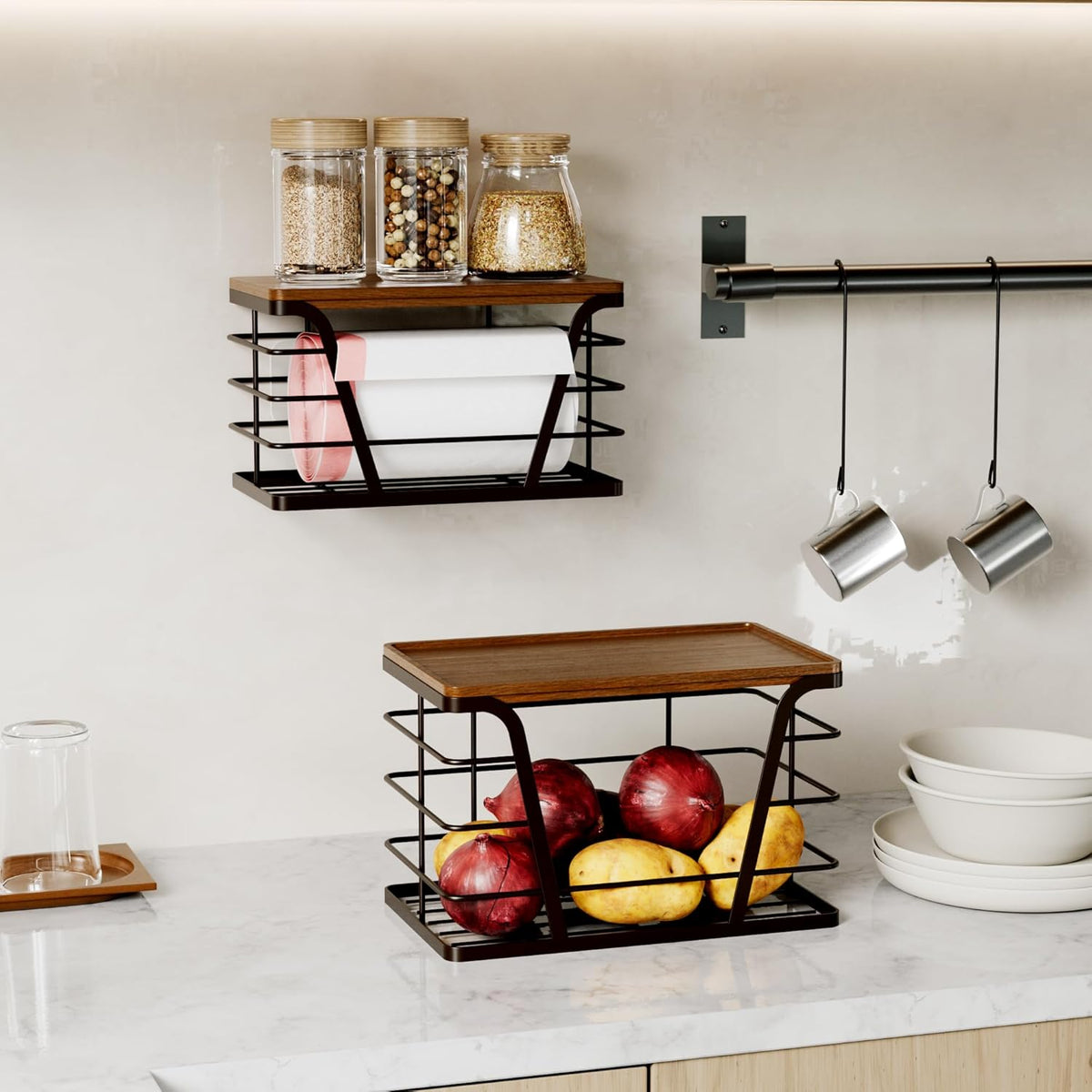2 Pack Stackable Kitchen Organization,Counter Organizers and Pantry Organization for Home and Kitchen,Trash Bag Organizer Under Sink,Brown