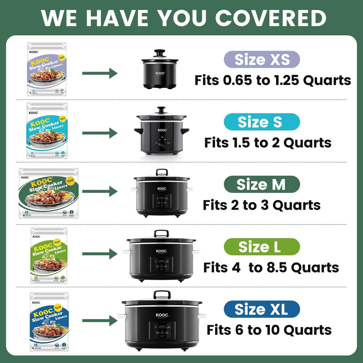 KOOC Slow Cooker Liners 11"x17" 10 count Middle Size Disposable Plastic Bags Pot Liners Cooking Bags Fit 3 qt to 4 qt Pot BPA Free