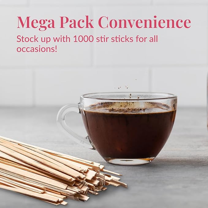 1000 Wooden Coffee Stirrer by Prestee - Disposable 5.5 inches Long Wooden Stir Sticks for Coffee and Cocktails - Smooth, Splinter-Free Beverage Mixers - Ideal for Cafe, Bars and Drink Stations