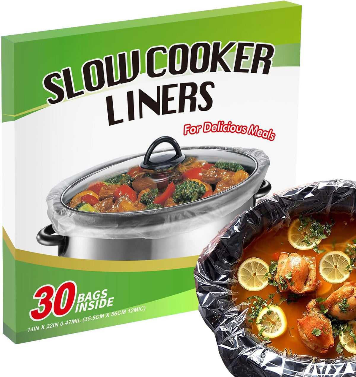 ECOOPTS Slow Cooker Liners (30 Liners), 14" × 22" Pot Liners Fit 6-10 Quarts, Disposable Cooking Bags Suitable for Oval & Round Pot, BPA Free (14" × 22")