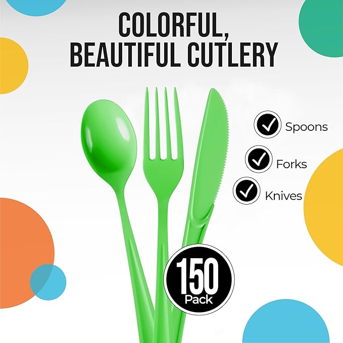 Party Solids Lime Green Plastic Silverware Heavy Duty 150 Pcs Lime Green Plastic Cutlery Sets, Utensil Sets, 50 Of Each Forks, Knives & Spoons Disposable Cutlery Set, Flatware Set For Party Supplies