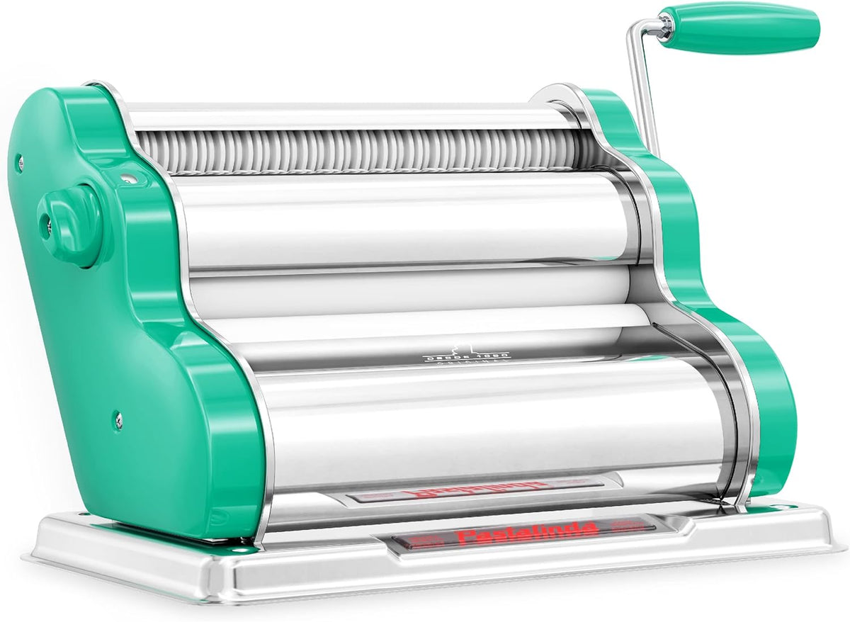 PASTALINDA Classic 260 Pasta Maker Machine, 26 cm Wide Rollers, 9 Thickness Positions, 2 Cutting Positions, Stainless Steel. Includes Reinforced Hand Crank And Two Clamps (Green)