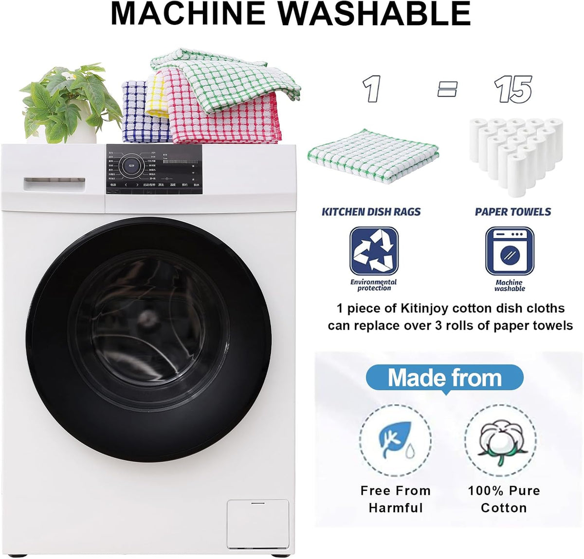 Kitinjoy Cotton 8 Pack Terry Kitchen Dish Cloths, 12 x 12 Inches Super Soft and Absorbent Dish Rags, Quick Drying Dish Towels for Washing Dishes, Green