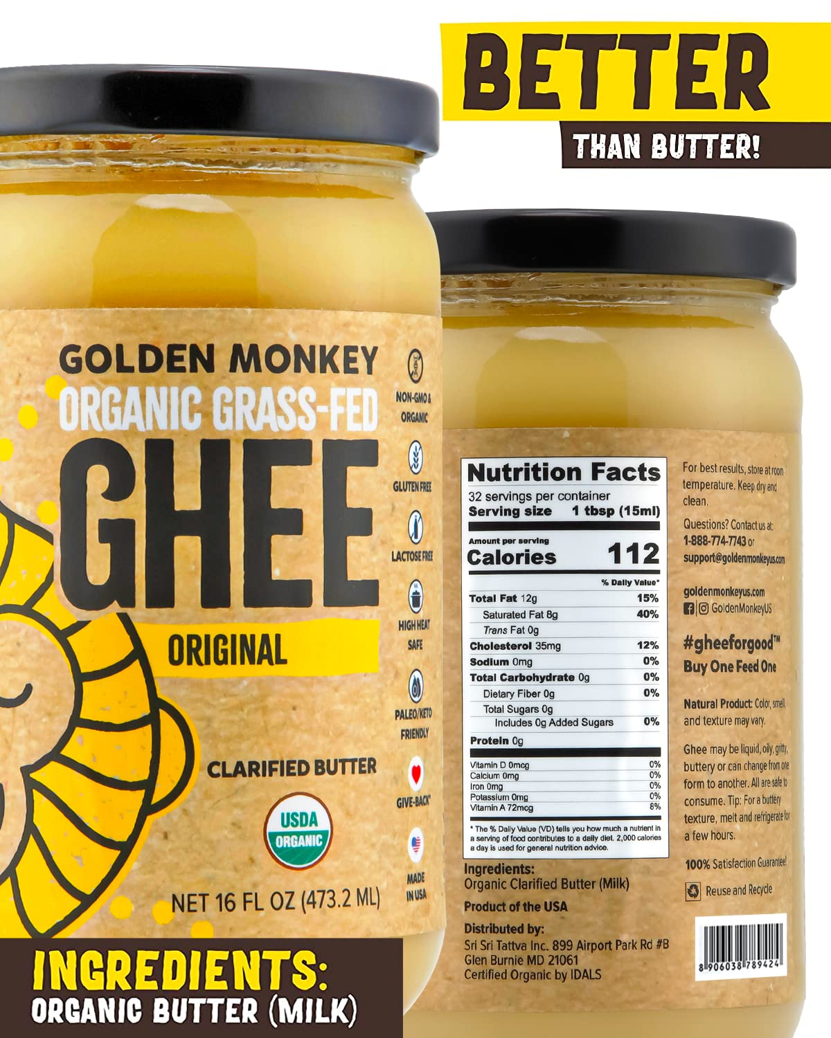 GOLDEN MONKEY Organic Ghee Butter – Grass Fed Clarified Butter for Cooking, Baking, Keto & Gut Health – Ghee Butter Organic Grass Fed from Small Farms – Smooth Spread with High Smoke Point (16oz)