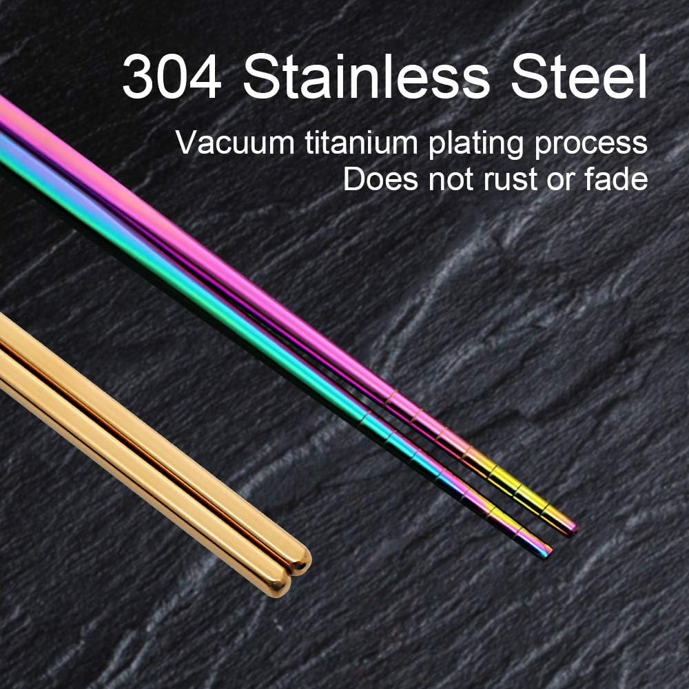 Stainless Steel Chopsticks Reusable Multicolor Lightweight 304 Metal Chopsticks Dishwasher Safe - 5 Pairs (Multi)
