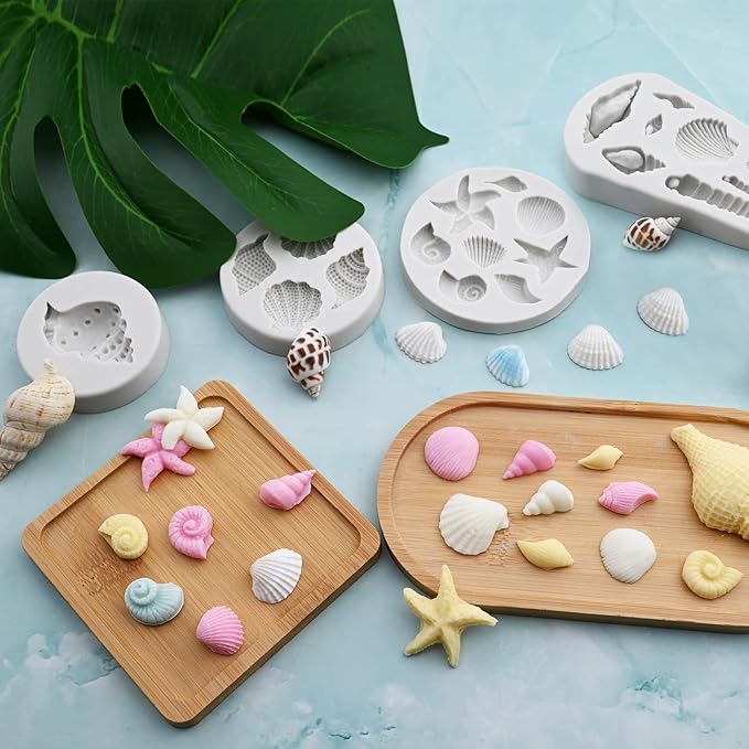 Sakolla Marine Theme Fondant Molds, 4 PCS Seashell Conch Starfish Baking Silicone Molds for Cake Decoration Chocolate Soap Crafting