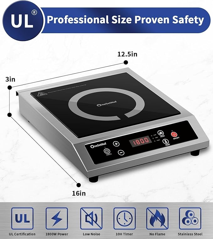 Stainless Steel Induction Cooktop, Professional-Grade Induction Cooker with Precise Temperature Control,Portable Countertop Burner with UL Certified, 10 Hours Timer Powerful 1800W Hot Plate