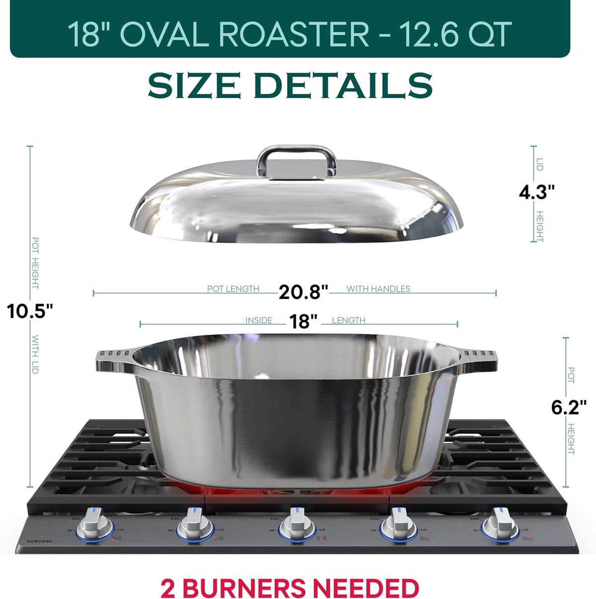 Cast Aluminum Oval Dutch Oven with Lid — 12.6 QT Heavy Duty Roaster Pan with Rack & Silicone Cover Dual Handles — Cajun Cookware for Roasting, Baking, Cooking (18" X-Large)