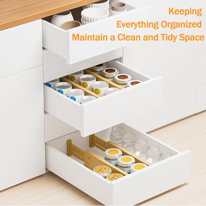 Bamboo Drawer Dividers 4" High, 16.5-22" Adjustable Drawer Organizers for Clothes,Expandable Dresser Separators in Bedroom/Kitchen/Bathroom/Office Organization and Storage,6 Pack