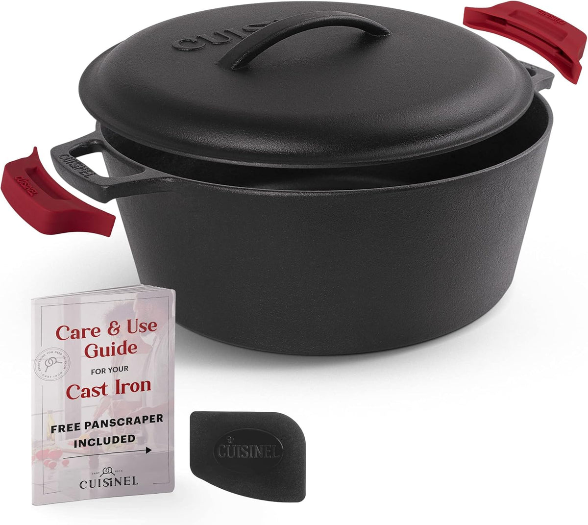 Cuisinel Cast Iron Dutch Oven - 7-Quart Deep Pot + Lid + Pan Scraper + Handle Covers - Large Pre-Seasoned Cooker for Baking Bread, Soup, Frying - Indoor/Outdoor Kitchen, Camping, Fire, BBQ Safe