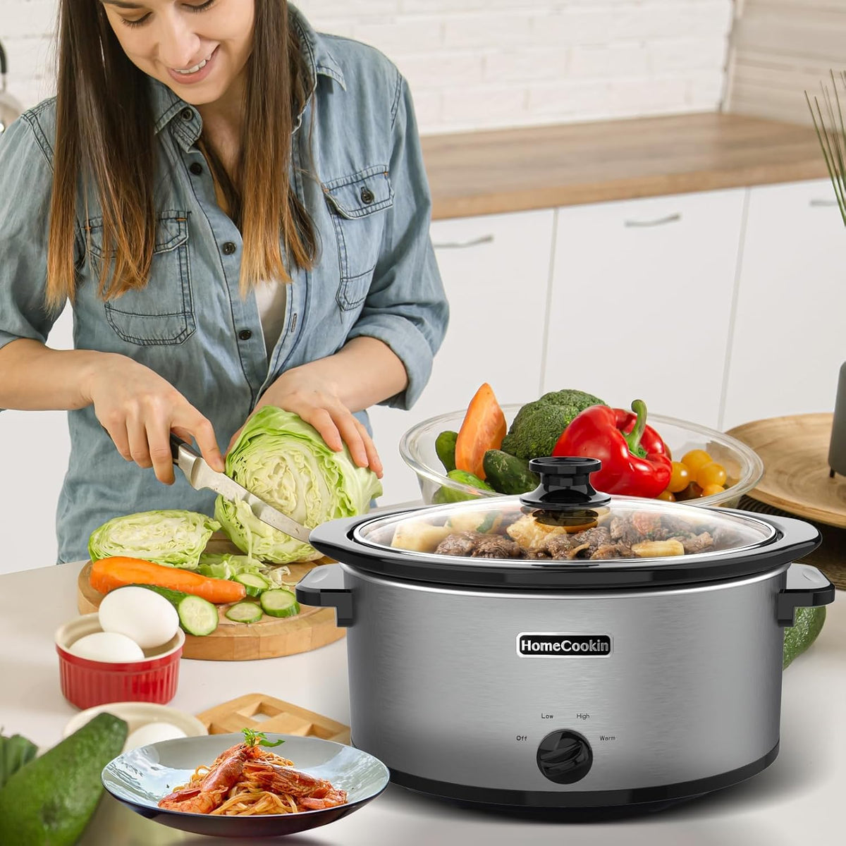HOMECOOKIN 7 Quart Slow Cooker Oval Manual Pot Food Warmer with 3 Cooking Settings, Stainless Steel