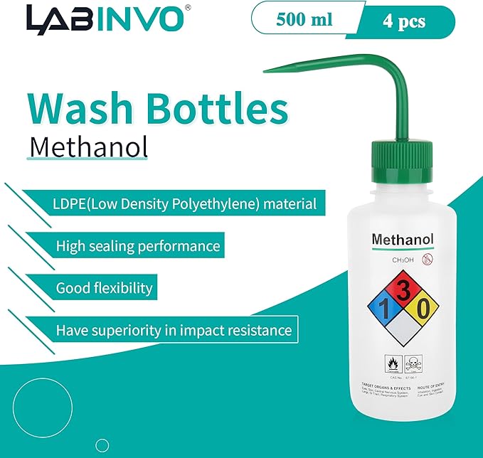 4pcs of Methanol Wash Bottles, Vol.500ml (17oz), Narrow Mouth, Self-Venting Safety Wash Bottles, LDPE Material, IN-WBM500