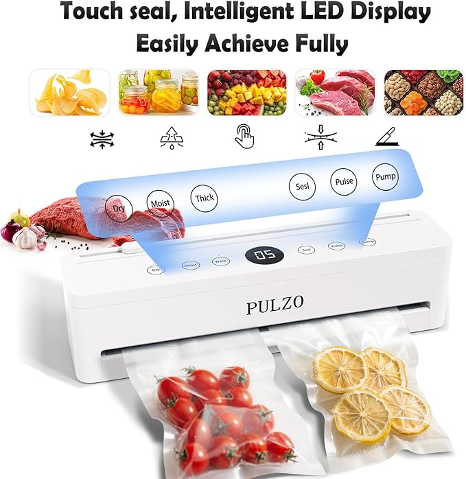PULZO True-Auto Vacuum Sealer Machine, 85KPa Vacuum Sealer for Food with Digital Countdown, LED Smart Touch, External Sliding Blade, Dry/Moist Mode, Removable Drip tray, Complete Starter Kits