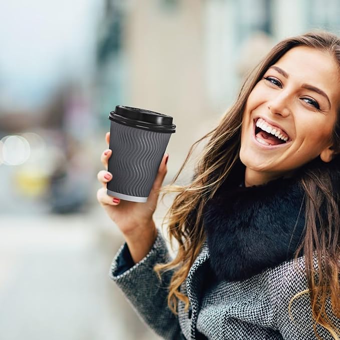 500 Pack Coffee Cups with Lids 12oz, Disposable Insulated Ripple Wall To Go Paper Coffee Cups for Hot/Cold Drinks Office Home Shop Event (Grey)