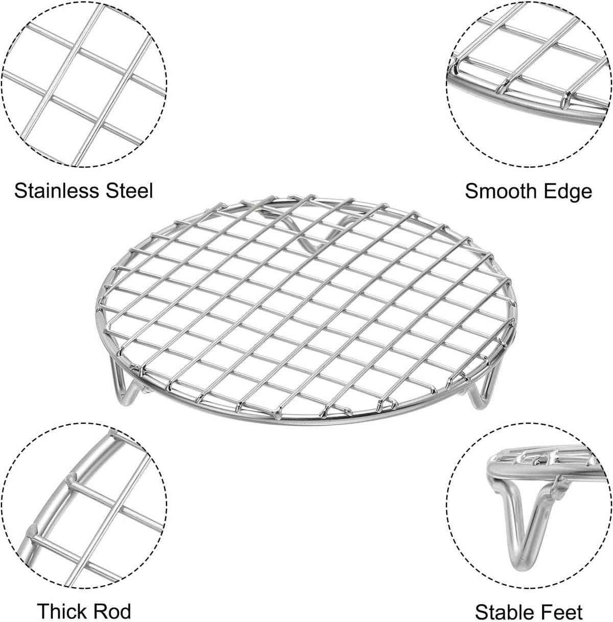 uxcell 2 Pcs Round Cooking Rack with Legs, Dia 5.9 Inch 304 Stainless Steel Barbecue Grill for Cooking Baking Barbecue Air Fryer Racks, Silver