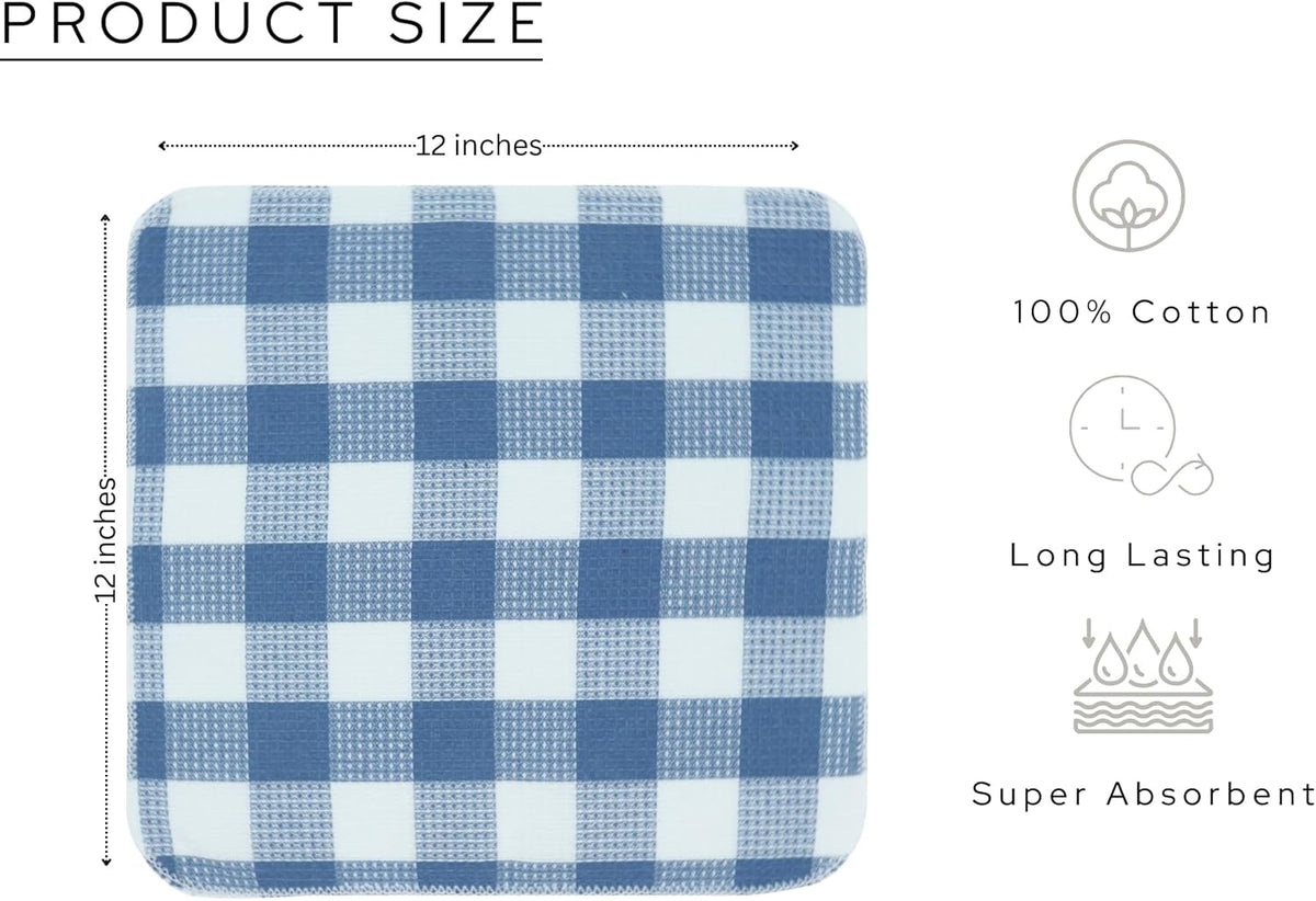 Waffle Weave Plaid Dish Cloths, 100% Cotton - 12 x 12 Inches, Ultra Soft Absorbent Quick Drying Dish Towels Buffalo Check Dish Rags for Kitchen, 6 Pack - Spring Summer - Smoky Grey and White