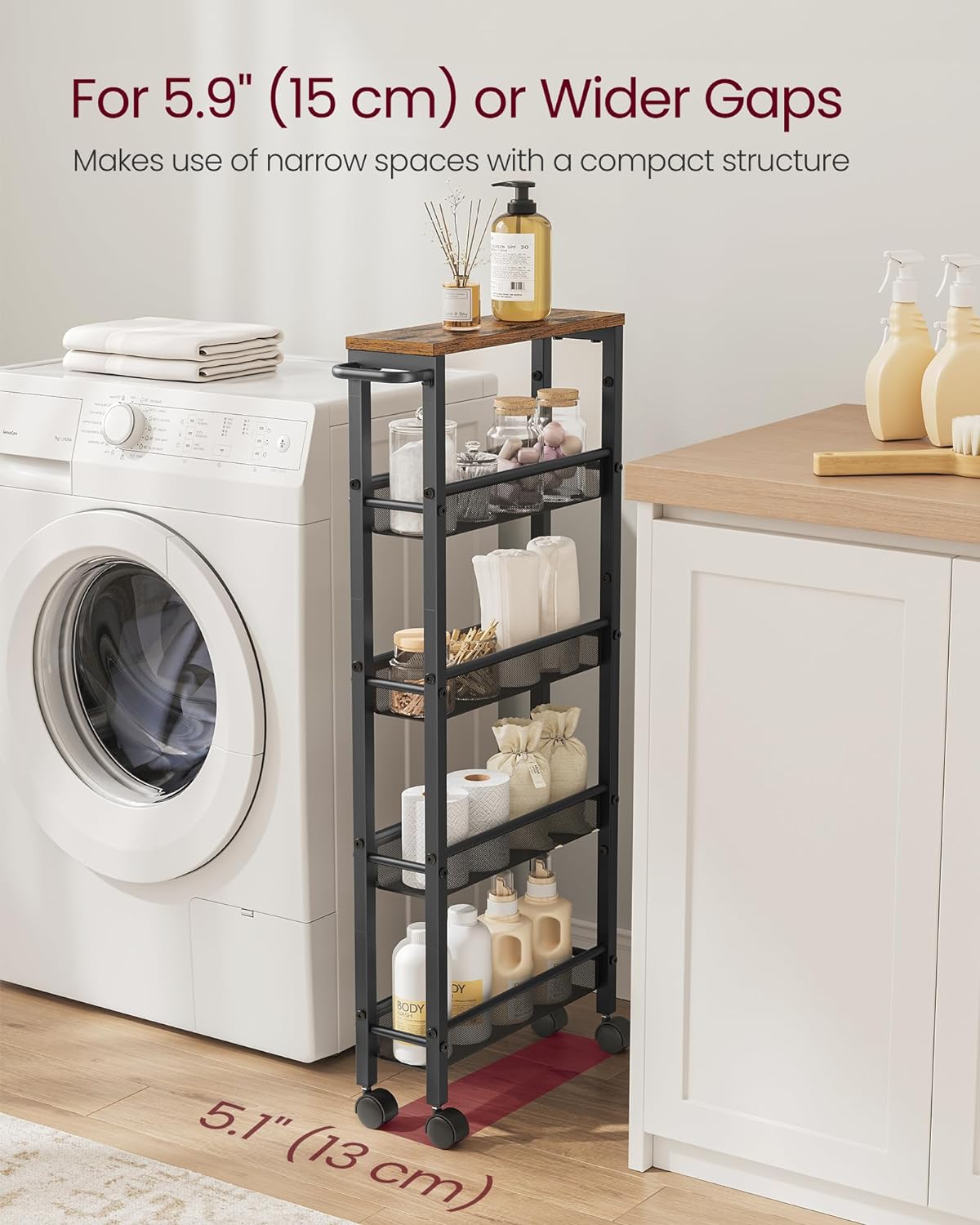 VASAGLE Slim Rolling Cart, 5-Tier Storage Cart, Narrow Carts with Handle, 5.1 Inches Deep, Metal Frame, for Kitchen, Dining Room, Living Room, Home Office, Rustic Brown and Classic Black ULRC034B01
