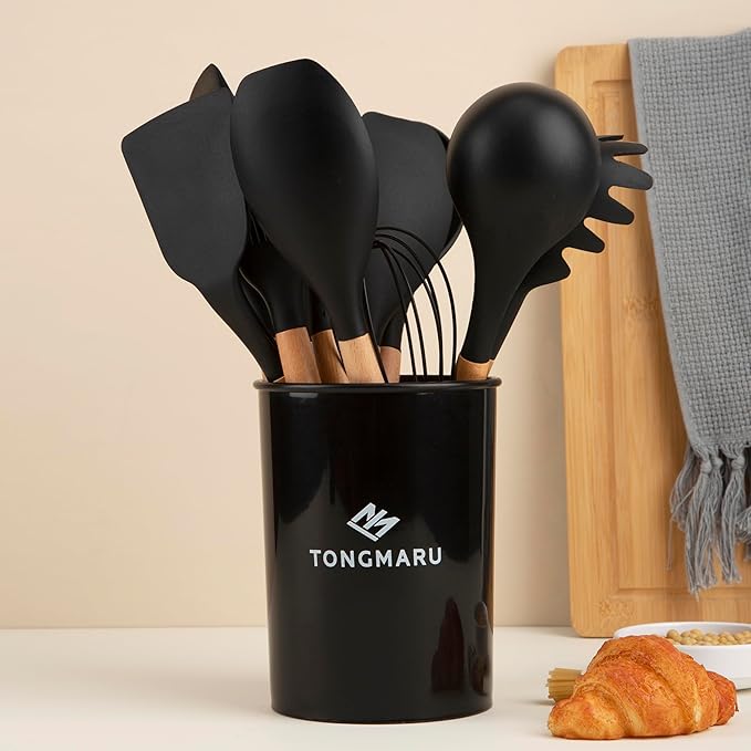 Silicone Cooking Utensils Set, Premium Beech Wood Handle Kitchen Gadgets Utensil Set, Non-Stick Kitchen Utensils Spatula, Tongs, Turner, Whisk, Brush, Spoon, BPA FREE, 446°F Resistant (Black)