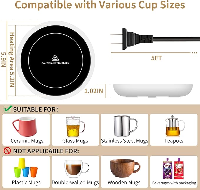 Coffee Mug Warmer for Desk 4H Auto Shut Off, Smart Coffee Cup Warmer with 3 Temperature Setting, Electric Mug Warmer Plate for Coffee, Milk, Tea (White)