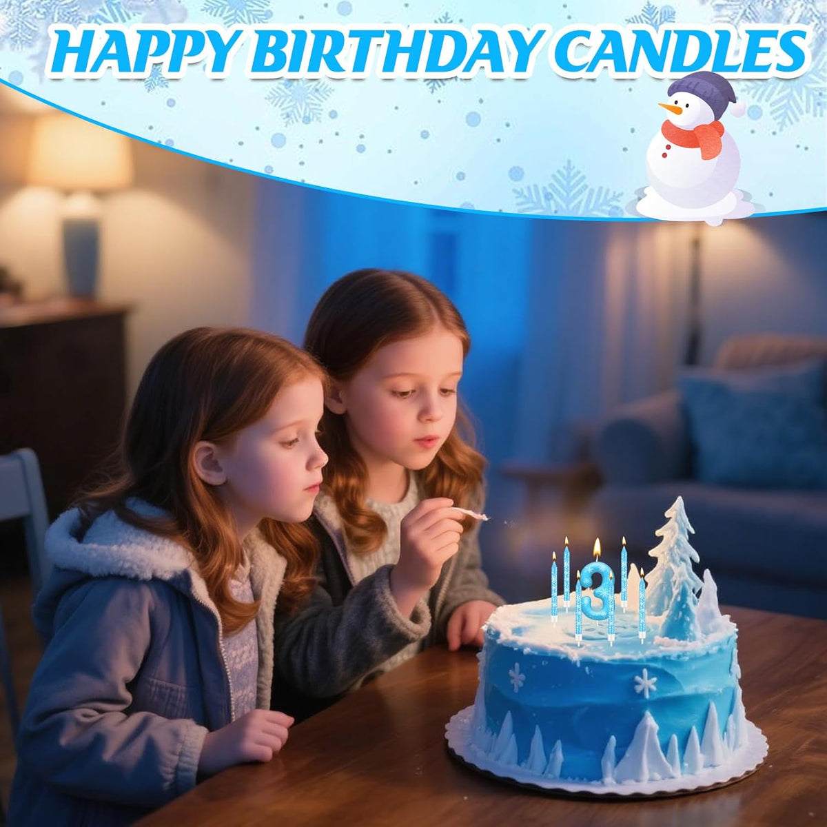 13PCS White and Blue Frozen Themed Party Birthday Candles Set - Blue Number Candles Snowflake Themed Decorations, Girls Party Supplies(Number 3)