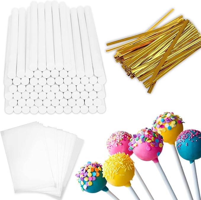 900-PCS Cake Pop Sticks and Wrappers Kit, Including 300pcs 6-inch Paper Lollipop Sticks, 300pcs Parcel Bags, 300pcs Gold Twist Ties for Lollipop, Hard Candy, Chocolate, Marshmallows, and Fruit Skewers