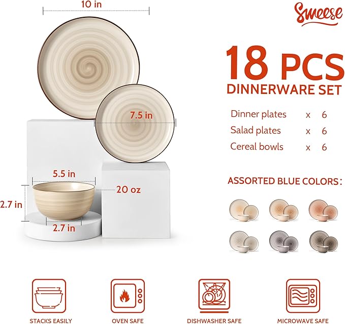Sweese Plates and Bowls Sets, 18 Piece Dinnerware Set Porcelain Round Dinner Set for 6, Scratch Resistant Dishes Set, Dishwasher and Oven Microwave Safe Handpainted Swirl Dishware Sets, Neutral