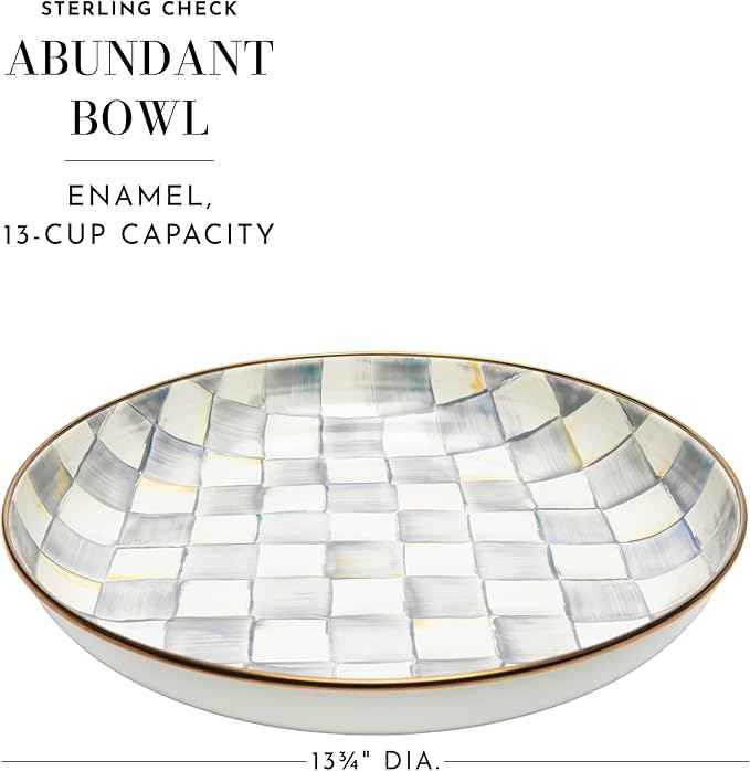 MACKENZIE-CHILDS Enamel Abundant Bowl, Decorative or Serving Bowl, 13-Cup Capacity, Gray-and-White Sterling Check