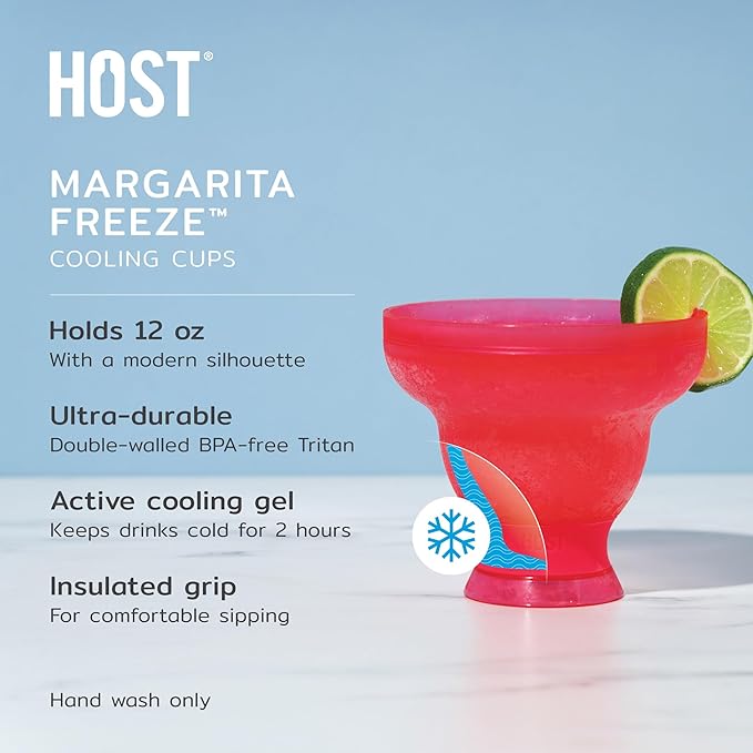 HOST FREEZE Margarita Cocktail Glasses, Frozen Cup Double Wall Plastic Margarita Glasses Drinking Set Modern Drinking Glasses 12oz Punch Pink Set of 2