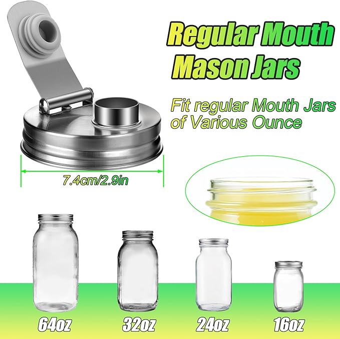 Mason Jar Pour Spout Lid Stainless Steel, Regular Mouth Pour Spout Flip Cap Lids for Mason Jars, Anticracking Leak Proof Seal Cover Airtight for Drinking Salad Dressing & Food Storing(2PCS)