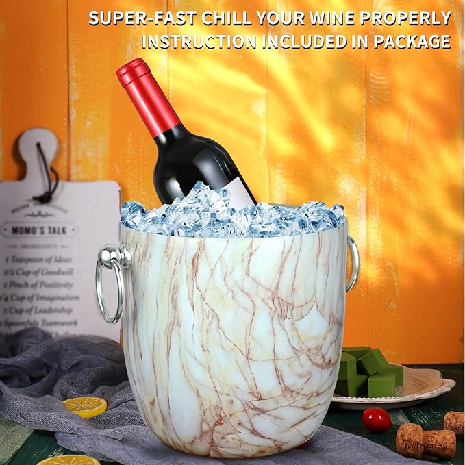 Ice Bucket with Lid, Scoop, Tongs and Strainer - Well Made Insulated Stainless Steel Keep Ice Frozen Longer - Ideal for Cocktail Bar, Parties, Chilling Wine, Champagne - 3 Liter (CarraraMarble)