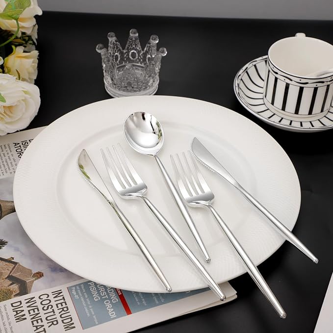 SUT 300Pcs Silver Plastic Cutlery, Silver Utensils Disposable, silver Plastic Silverware Set Include 100 Plastic Forks, 100 plastic Spoons, 100 plastic Knives Heavy Duty Flatware for Party