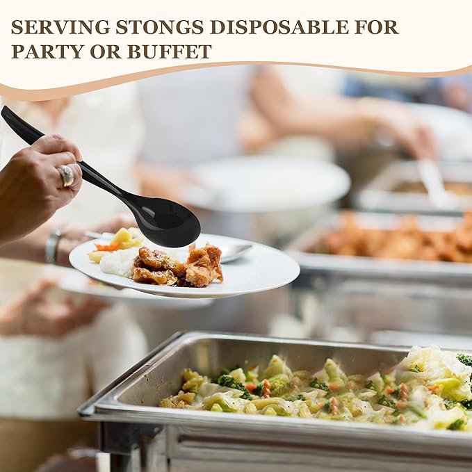 Mwellewm 48 Pcs Serving Spoons 10'' Large Plastic Serving Utensils Set Slotted Disposable Serving Forks Heavy Duty Black Party Supplies for Buffet Restaurant Dinner Salad Noodles Soup