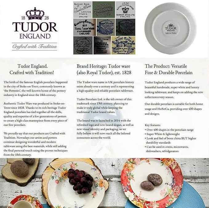 TUDOR Royal Collection 12-Piece Round Porcelain Dinnerware Set, Service for 4 with Dinner Plates, Bowls, and Salad Plates, Crimson Summer Floral Unique Design, Gloss Finish, Durable & Premium Quality