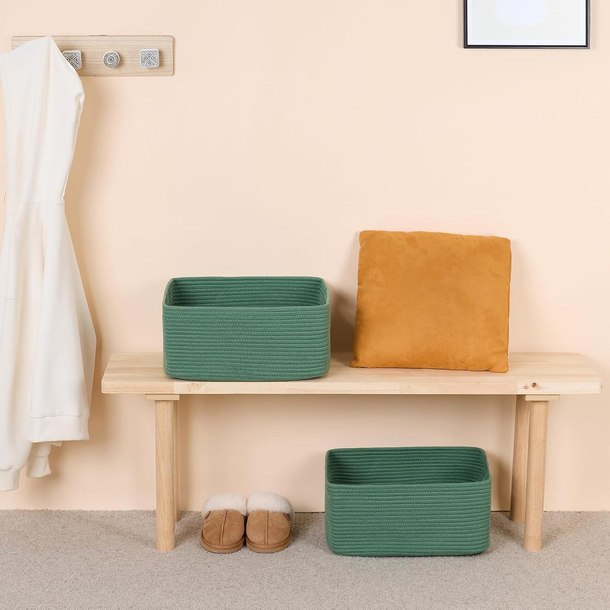 Large Storage Baskets for Shelves, Closet Organizers Bins for Clothes Blanket Towels, Baby Nursery, Toy Baskets Box, Woven Rope Baskets, 17 x 13 x 7.5”, 2 Packs Green