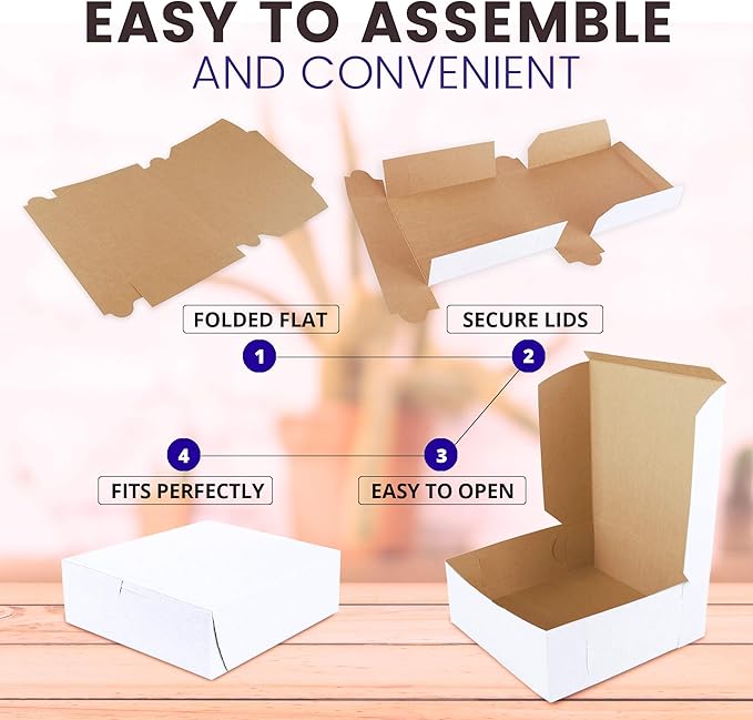 [25 Pack] Pastry Boxes - 7 x 7 x 3 Inches White Bakery Box for Cookies, Compostable Kraft Paper Cardboard for Baked Goods Packaging, Cake, Food, Donut, Cupcake, Candy, Bread, Bridesmaid Gift Box