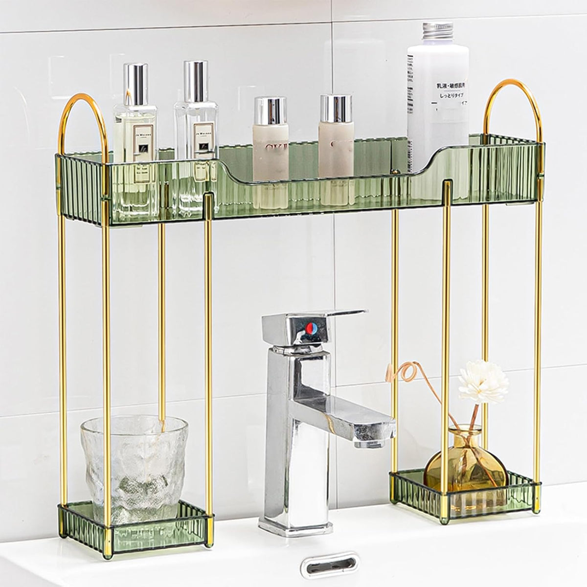 Makeup Organizer for Vanity,2-Tier Bathroom Sink Organizers Shelf Over Faucet Countertop Organizer Rack with Green Plastic Trays,n-Shaped Sink Storage for Bathroom Dresser