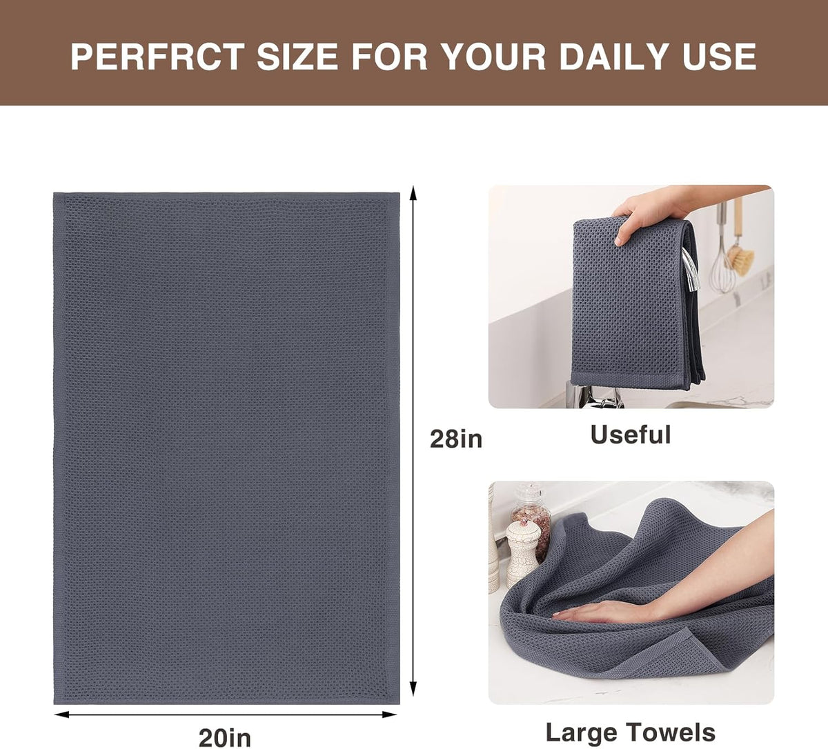 Homaxy 100% Cotton Oversized Waffle Weave Kitchen Dish Towels, Ultra Soft Absorbent Quick Drying Cleaning Towel, 20 x 28 Inches, 8-Pack, Dark Grey