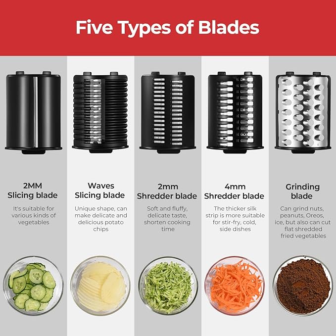 Electric Cheese Grater, Salad Maker With 5 Different Shapes of Blades, 250W Electric Slicer Shredder, Electric Salad Machine for Cheeses, Fruits and Vegetables, Silver