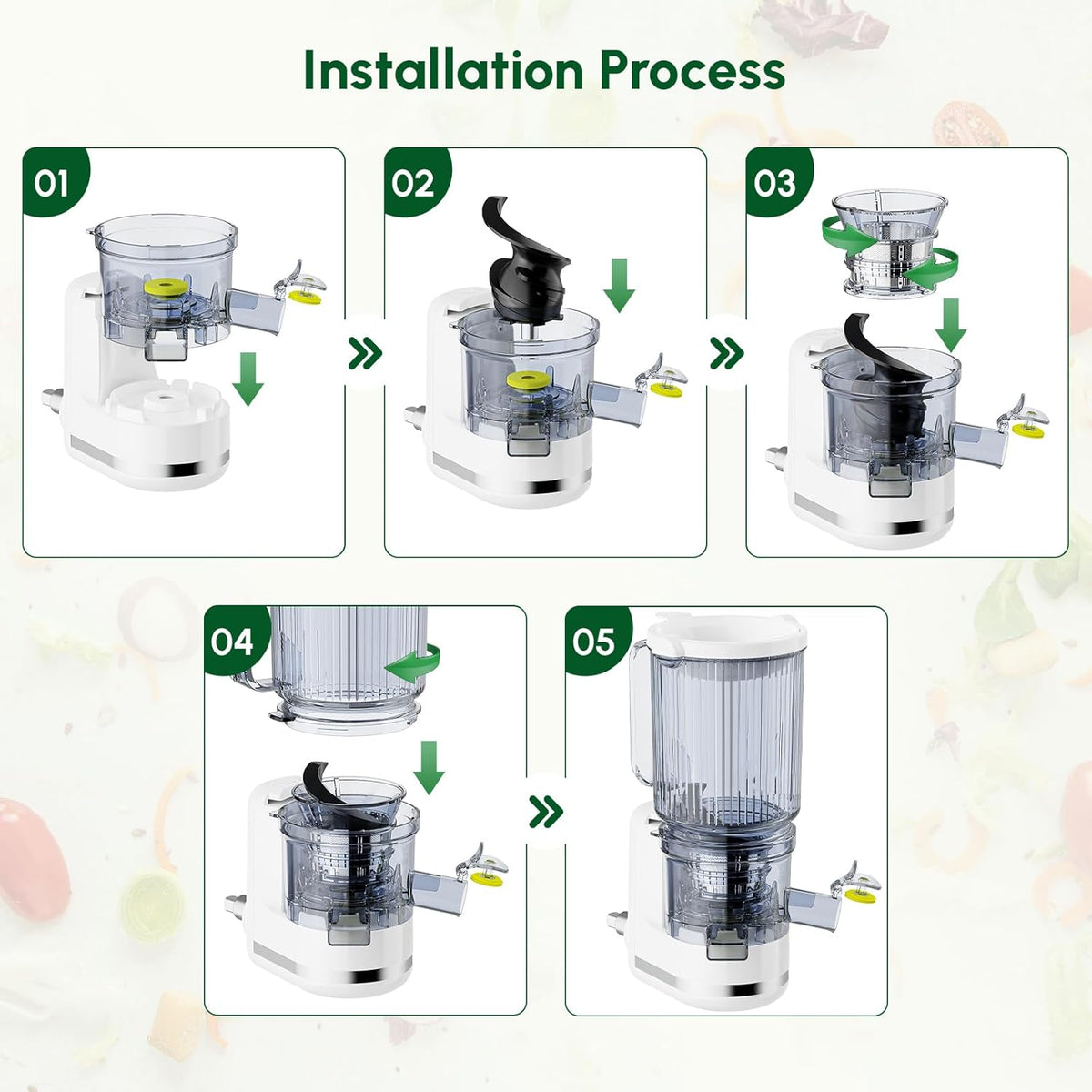 Masticating Juicer Attachment for KitchenAid Stand Mixer, Cold Press Slow Juicer with 4.9" Large Feed Chute for Whole Fruits & Vegetables, Includes 2*1L Measuring Cups for Kitchenaid Mixer Attachments