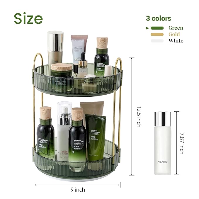 Rotating Makeup Organizer for Vanity, Perfume Skincare Lipstick Organizers for Bathroom Countertop, Clear Make up Storage for Dresser, Bathroom Cosmetics Organizer Storage 360 Spinning(2 Tier, Green)