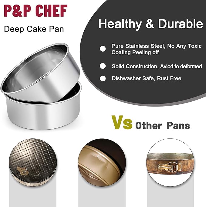 P&P CHEF 8 Inch Cake Pans Set, Round Baking Pan Stainless Steel Layer Birthday Wedding Cake Oven Pans, Non Toxic & Heavy Duty, Deep Side & Mirror Finish, Dishwasher Safe, (2Pcs)