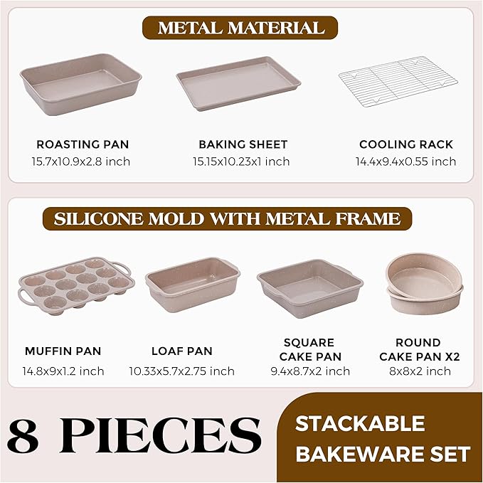 8 Pcs Baking Pans Set, Silicone Bakeware Sets with Metal Reinforced Frame, Nonstick Stackable Carbon Steel Non Toxic Baking Sets for Cooking (Brown)